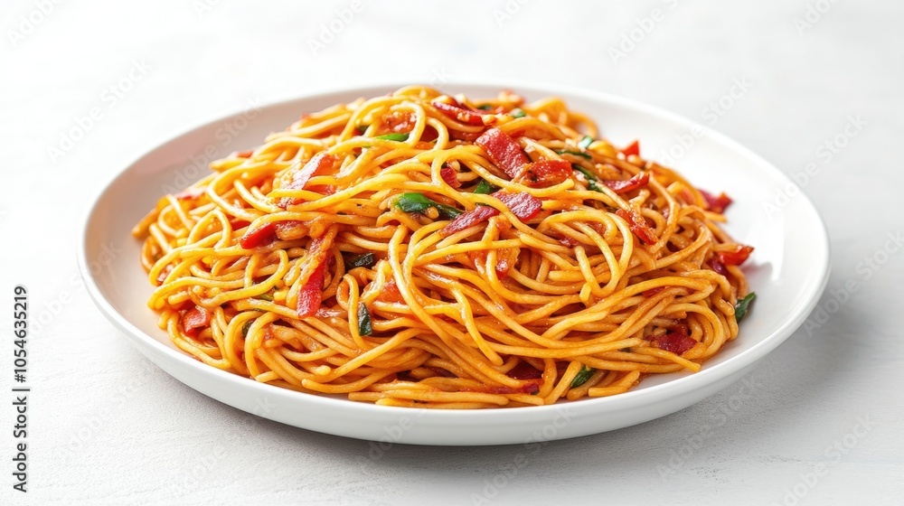 Delicious and Colorful Spaghetti Dish on White Plate Delicious and Colorful Spaghetti Dish on White Plate