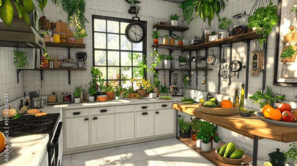 Bright and Lively Kitchen with Plants and Fresh Produce Bright and Lively Kitchen with Plants and Fresh Produce