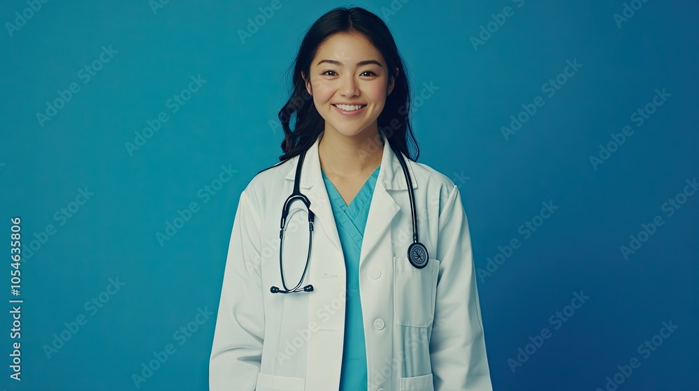 Smiling Young Woman in Medical Coat with Stethoscope Smiling Young Woman in Medical Coat with Stethoscope