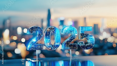 Futuristic Animated Logo Featuring 2025 with Vibrant Blue and White Glass Effects, Set Against a Blurred City Skyline at Dusk, Highlighting New Year