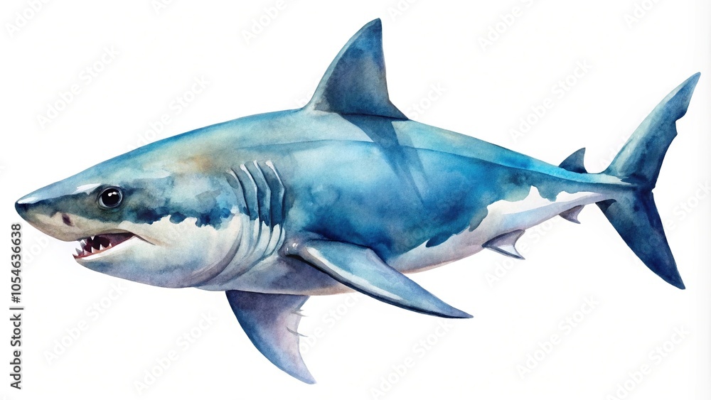 Naklejka premium Watercolor illustration of a shark at a tilted angle on a white background