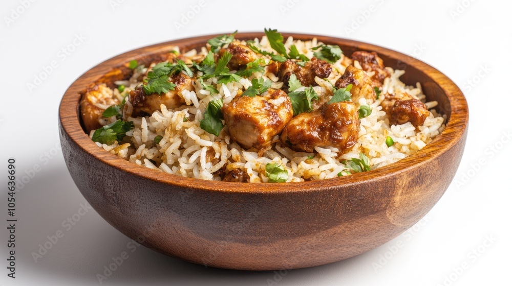 Bowl of rice with chicken and herbs Bowl of rice with chicken and herbs