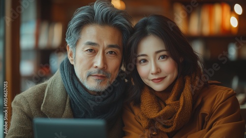 Middle-aged Asian couple collaborating on a project in a cozy cafe during the afternoon