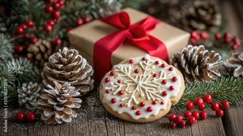 Festive Christmas Cookie with Gift and Pine Cones