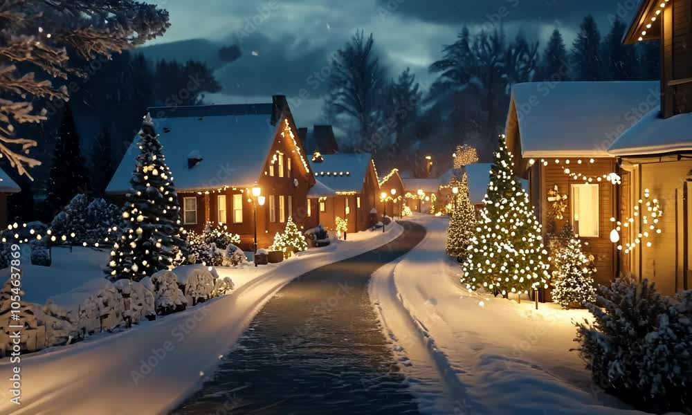 Christmas lights twinkling on a snowy evening with soft snowfall and a warm glow from nearby houses Christmas lights twinkling on a snowy evening with soft snowfall and a warm glow from nearby houses