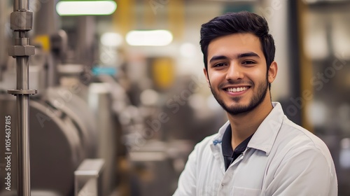 Portrait of worker in factory. Young handsome man working in factory. 