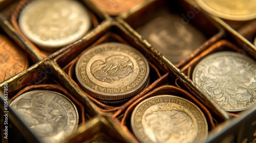 Vintage Coins in a Wooden Box Arrangement