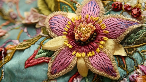 Close-up of a delicate pink and yellow flower embroidered on a blue fabric.