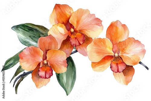 Watercolor painting of orange orchids with green leaves on a white background.