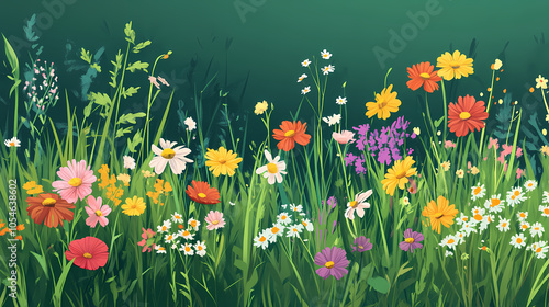 A vibrant patch of wildflowers in various colors surrounded by lush green grass, perfect for adding a natural touch to designs. Wildflower Meadow. Illustration