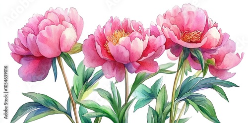 Watercolor painting of three pink peonies with green leaves.