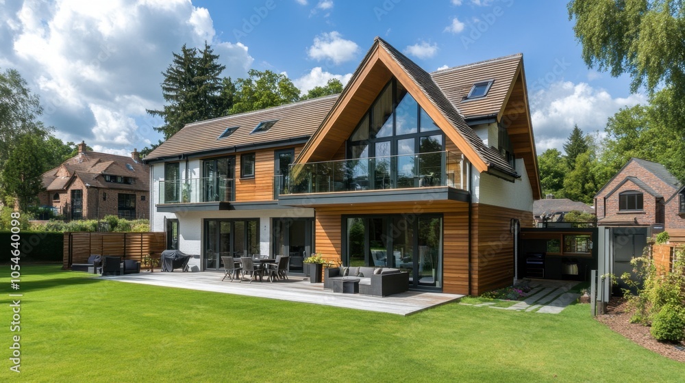 Obraz premium Modern home with spacious garden and bright sky