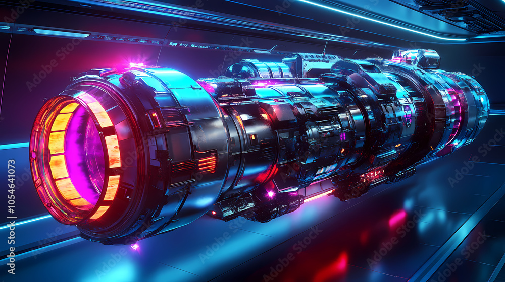 Design a futuristic spacecraft with neon engines and metallic hull. Terraforming Machine. Illustration Design a futuristic spacecraft with neon engines and metallic hull. Terraforming Machine. Illustration