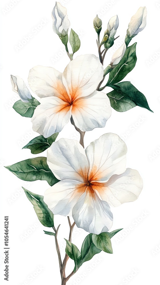 A watercolor painting of a white hibiscus flower with green leaves and buds. A watercolor painting of a white hibiscus flower with green leaves and buds.