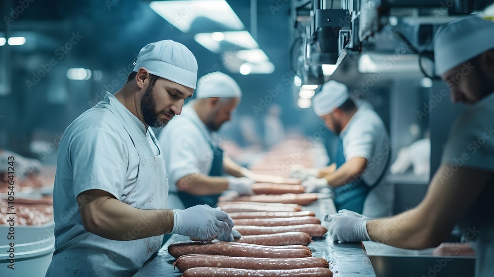 Team of butchers filling sausage in meat industry. Team of butchers filling sausage in meat industry.