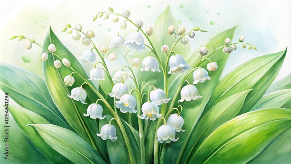 Fototapeta premium Watercolor illustration of lily of the valley flowers with shallow depth of field