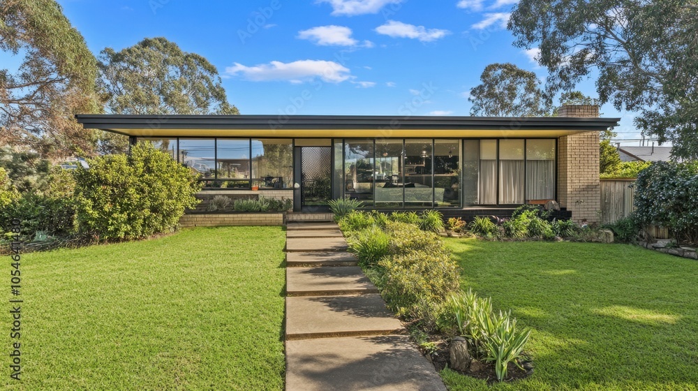 Modern Home with Lush Green Lawn and Clear Sky Modern Home with Lush Green Lawn and Clear Sky