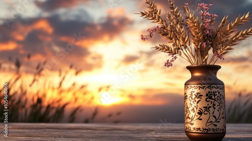 A beige ancient Greek vase with wheat and reed patterns sits on a wooden table against a stunning backdrop of Italian hills