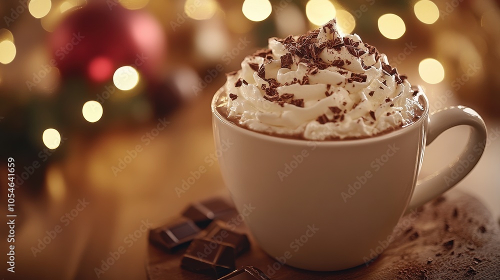 Cup of hot chocolate topped with whipped cream and chocolate shavings in a cozy, festive setting with holiday lights in the background. Cup of hot chocolate topped with whipped cream and chocolate shavings in a cozy, festive setting with holiday lights in the background.