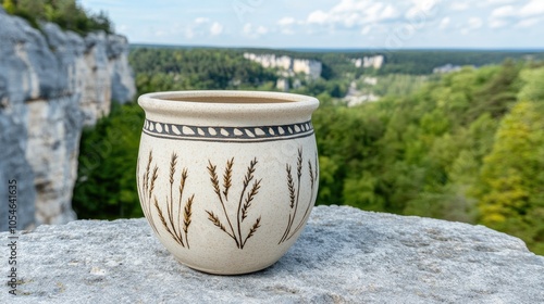 A beige ancient Greek vase with wheat and reed patterns sits on a wooden table against a stunning backdrop of Italian hills