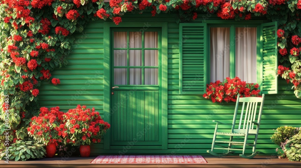 Fototapeta premium Vibrant Green House Surrounded by Red Flowers