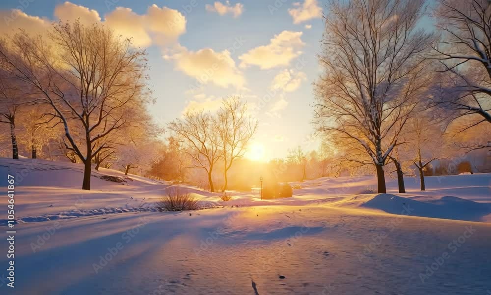 Christmas morning sunrise casting a warm glow over a snow-covered landscape Christmas morning sunrise casting a warm glow over a snow-covered landscape