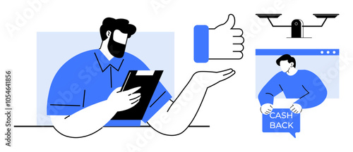 Man holding a tablet, thumbs up icon, cash back reward, and surveillance camera. Ideal for client feedback, online transactions, loyalty programs, tech engagement, cyber monitoring. Flat vector style