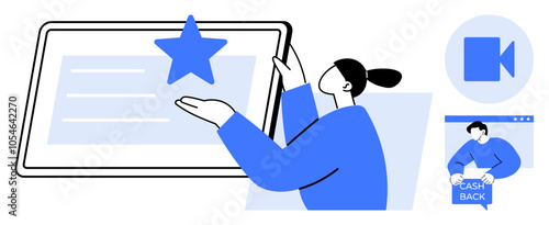 Person interacting with tablet displaying a star, indicating a rating system. Includes video call icon and person holding a cash back sign on another screen. Ideal for user reviews, online services