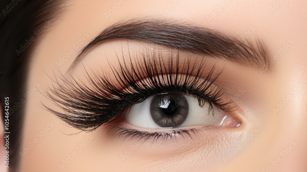 Obraz premium Stunning closeup of a female eye showcasing extreme long false eyelashes. Perfect blend of beauty and elegance.