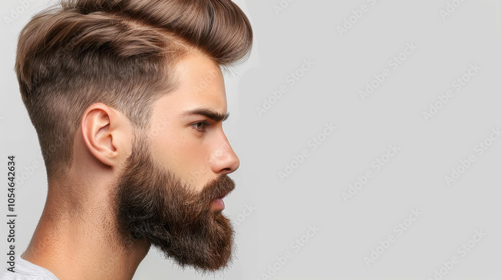 Obraz premium A striking profile portrait of a handsome man with a wellgroomed beard, gazing thoughtfully to the side.