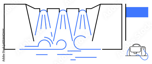 Water dam system directing water over turbines. Blue and black lines creating energy. Ideal for renewable energy, engineering, water management, environmental science, hydroelectric power