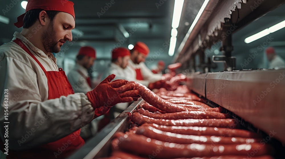 Team of butchers filling sausage in meat industry. 