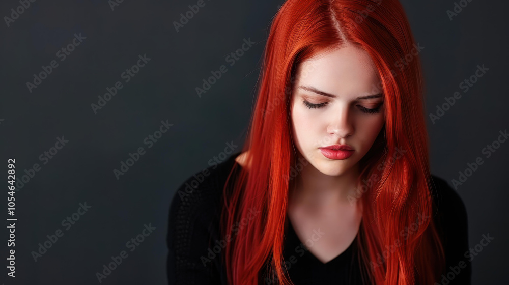 A captivating portrait of a redhaired girl, her striking locks gleaming against a dark backdrop. A captivating portrait of a redhaired girl, her striking locks gleaming against a dark backdrop.