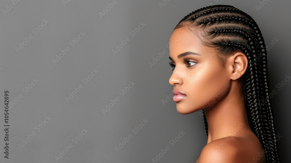 A striking side profile of a young African woman, showcasing her natural beauty against a soft grey backdrop. A striking side profile of a young African woman, showcasing her natural beauty against a soft grey backdrop.