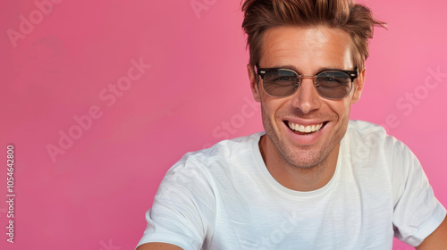 A cheerful young man waves while riding his scooter, dressed in a stylish shirt against a vibrant pink backdrop.