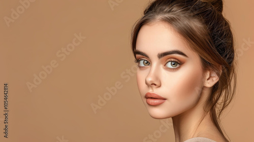 Stunning young model exuding charm with a soulful gaze, set against a warm beige backdrop for a striking profile portrait.