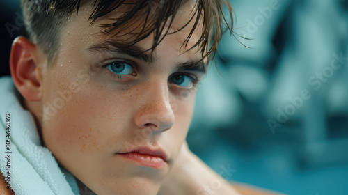 A fit young man relaxes on an exercise machine, towel draped around his neck, showcasing postworkout satisfaction at the gym. photo