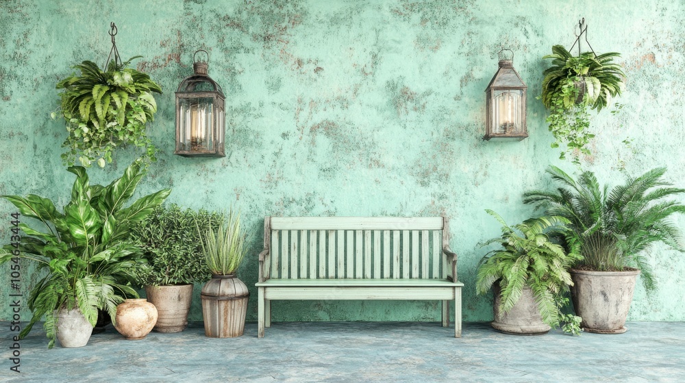 Serene Green Wall with Bench and Hanging Plants Serene Green Wall with Bench and Hanging Plants