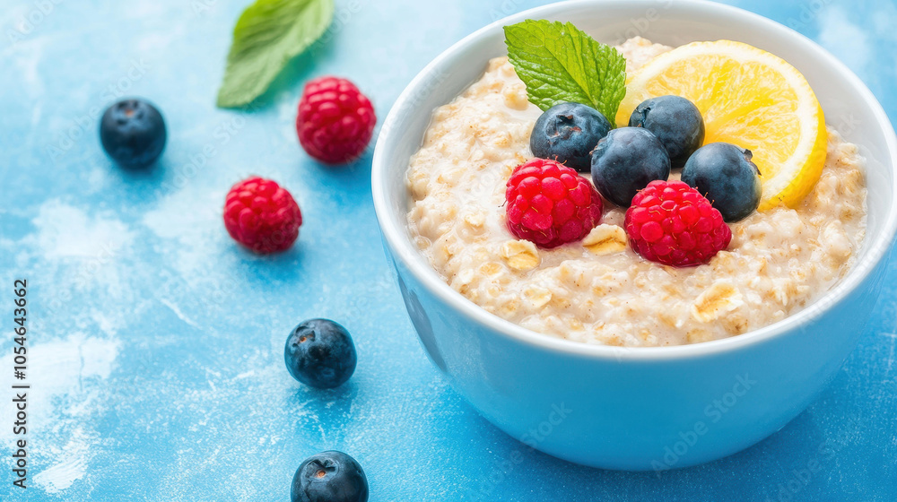 Enjoy a bowl of creamy oatmeal topped with vibrant fresh berries, perfect for a healthy breakfast treat Enjoy a bowl of creamy oatmeal topped with vibrant fresh berries, perfect for a healthy breakfast treat