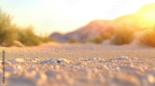 A serene desert road winds towards majestic mountains, bathed in sunset hues, creating a tranquil visual escape. photo