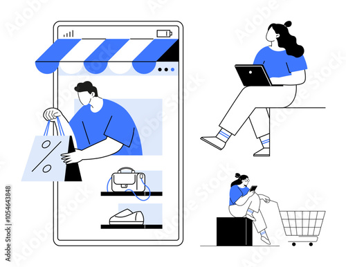 Man holding shopping bags emerging from mobile phone, woman with laptop, and woman purchasing on smartphone. Ideal for e-commerce, online shopping, mobile apps, digital marketing, consumer behavior