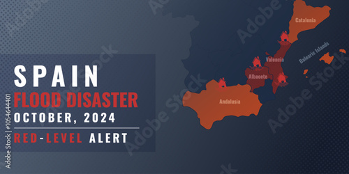 Flood disaster in Spain, vector illustration. Map, flood symbols and text information on dark blue halftone background