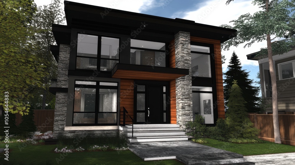 Modern Architectural Home with Stone and Wood Features Modern Architectural Home with Stone and Wood Features