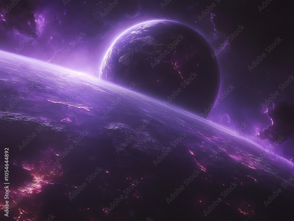 A purple planet with a glowing atmosphere in space. A purple planet with a glowing atmosphere in space.