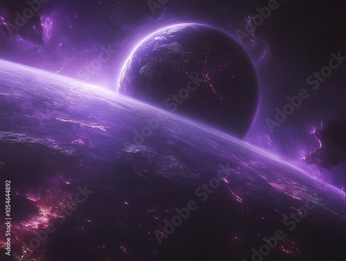 A purple planet with a glowing atmosphere in space.