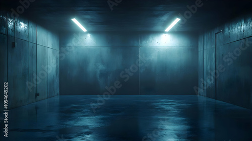 Blue Concrete Room with Fluorescent Lights 3D Illustration