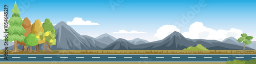 Horizontal view of empty asphalt road.  Background of trees and green grass and mountain. Lush green meadows spread out on both sides meadow. Clear blue sky with fluffy white clouds.