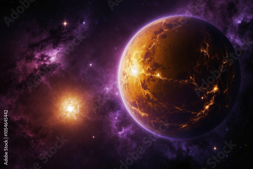 Golden planet emitting a soft amber glow, framed by a deep violet nebula and shimmering cosmic clouds