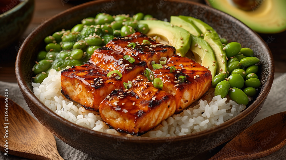 Teriyaki Salmon Bowl with Rice, Avocado, and Edamame, A Delicious and Nutritious Meal Option Teriyaki Salmon Bowl with Rice, Avocado, and Edamame, A Delicious and Nutritious Meal Option