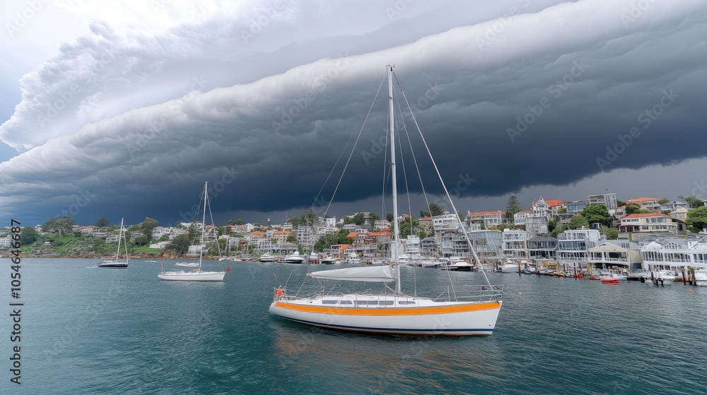 A group of racing sailboats speeds across Sydney Harbor as dark storm clouds loom above the city skyline A group of racing sailboats speeds across Sydney Harbor as dark storm clouds loom above the city skyline